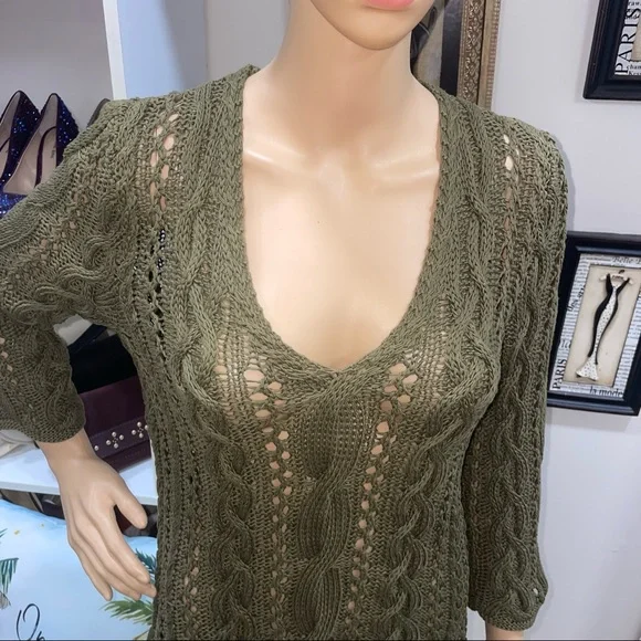 Lauren Ralph Lauren Olive Green Mercerized Cotton Crochet Eyelet V Neck Sweater - Picture 4 of 13